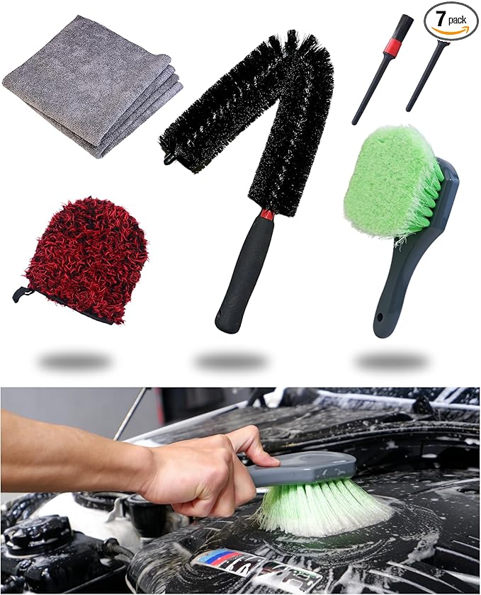 7PACK Car Engine Bay Details Cleaning Kit, Soft-bristled Engine Surface Brush,Long&Slim Bendable Brush, Edgeless Drying Towel,Finger Microfiber Applicator, Deep Cleans Engine Bay Hard to Reach Place