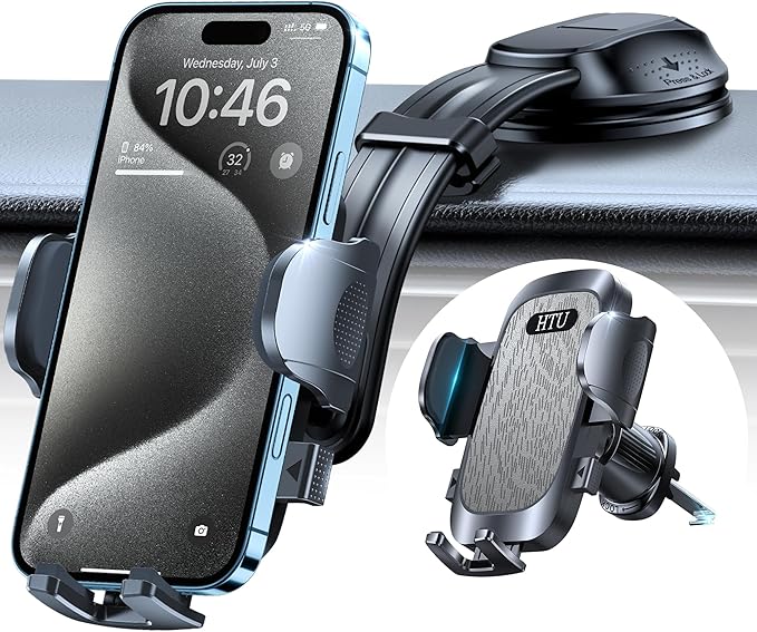 HTU【Upgraded Strongest Suction Car Phone Holder【Bendable Arm, Never Block View】 Rotatable Cellphone Mount for Dashboard Windshield Vent,Cradle Stand for iPhone 17 16 15 14 13 12 Pro Max, Light Gray