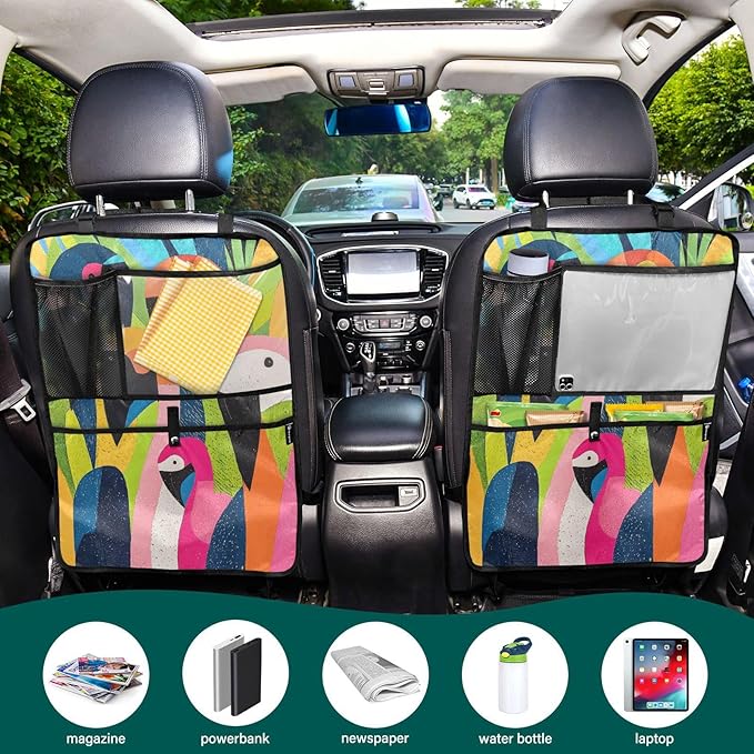 Pop Art Parrot Flamingo 2 Pack Backseat Car Organizer with Storage Pockets Seat Back Organizers for Kids Kick Mats Backseat Protector Automotive