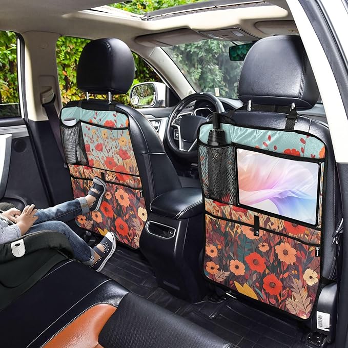 1 Pack Back Seat Car Organizer with Storage Pockets Kick Mats Back Seat Protector Hanging Car Organizer Automotive Seat Back Cover Organizers Autumn Poppy Flowers