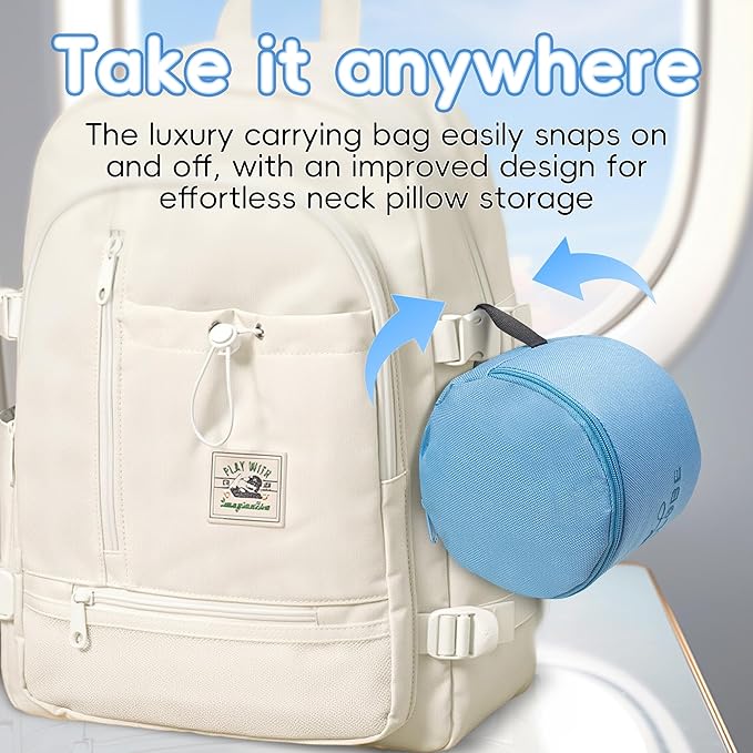 Proglobe Junior Kids Travel Neck Pillow - Ergonomic Memory Foam Pillow for Airplane, Car, Booster Seat - Soft, Washable, Compact Travel Pillow with Strap - Light Blue - Ages 4 Years and Up