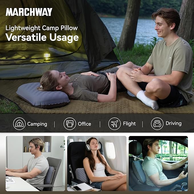 MARCHWAY Inflatable Camping Pillow with Soft Foam Top & TPU Air Bladder, Dual-Sided Support for All-Season, Lightweight Compact Travel Pillow for Hiking, Backpacking, Airplane, Car (Grey)