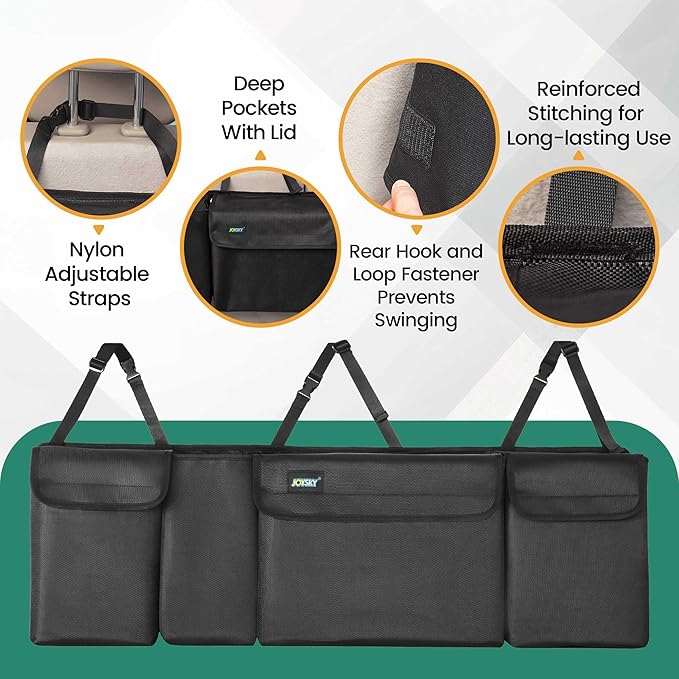 JOYSKY Trunk Hanging Organizer, Backseat Trunk Organizer for SUV, Truck, MPV, Large Capacity Vehicle Storage Bag with Upgraded High-Density Fabric, Space Saving Car Accessories Interior
