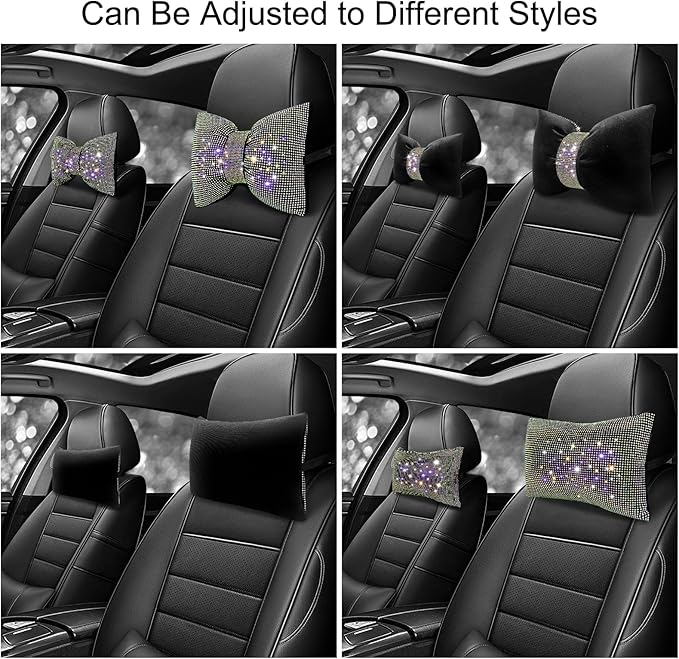 surpassme 2PCS Rhinestone Car Headrest Neck Pillow for Driving with Bling Bling Crystal Bow Pillow Car Accessories for Women (Color)
