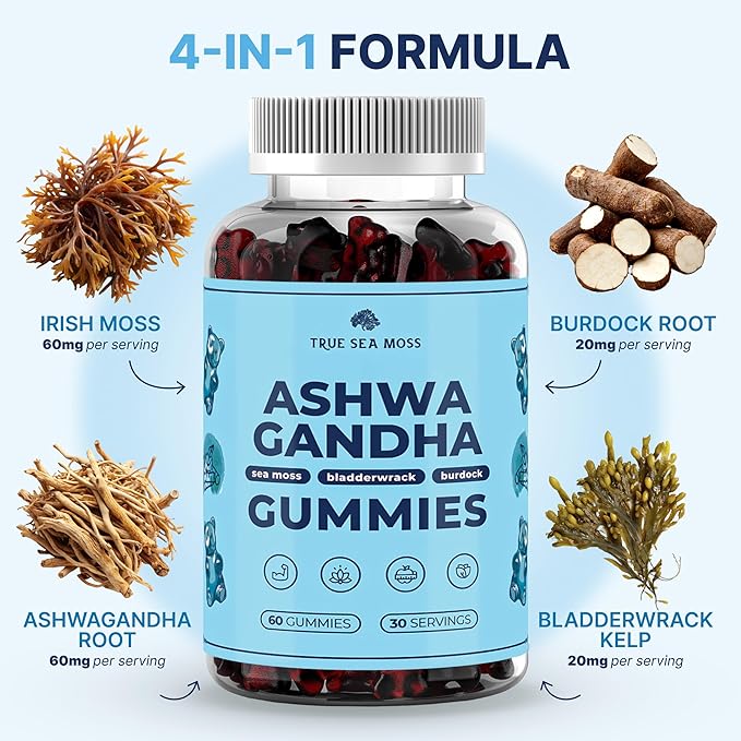 TrueSeaMoss Sea Moss Gummies with Ashwagandha, Burdock Root & Bladderwrack – for Adults & Kids 4+, Fruity Flavor – 60 Gummies