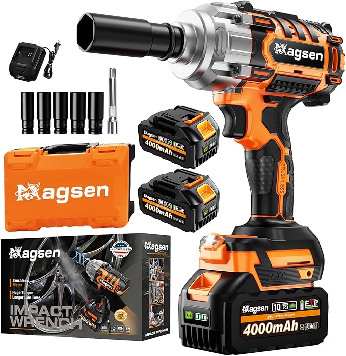1/2 inch Cordless Impact Wrench, 900Ft-lbs (1200N.m) High Torque Brushless Impact Gun,3800RPM,2x4000mAh Battery, 5 Sockets,LED Light,Electric Impact Motor Variable Speeds for Car/Mower/Pickup
