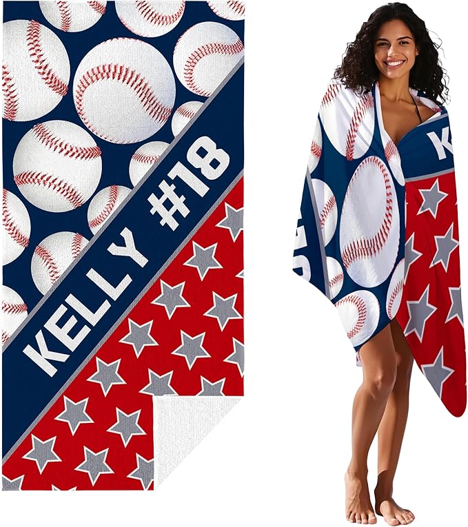 Personalized Beach Towel With Name, Custom Beach Towel with Name, Customized Baseball Microfiber Pool Towel, Quick Dry & Absorbent Swim Towel for Adult,Anniversary, Birthday, Summer Holiday,vacation