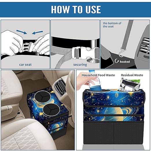 Car Trash Can with Lid, Portable Hanging Automotive Garbage Bin for Vehicles, Leakproof Waste Bag Container for SUV Truck Van Interior Auto Travel Road Trips(Planets)
