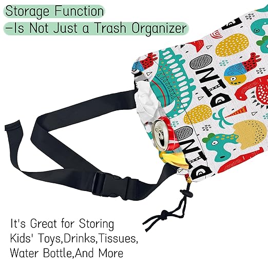 Cartoon Dinosaur Car Trash Bag,Palms Hanging Drawstring Car Garbage Bag,Waterproof Canvas Car Back Seat Organizer with Adjustable Buckle,for Vehicles,SUVs,Camping,Road Trips