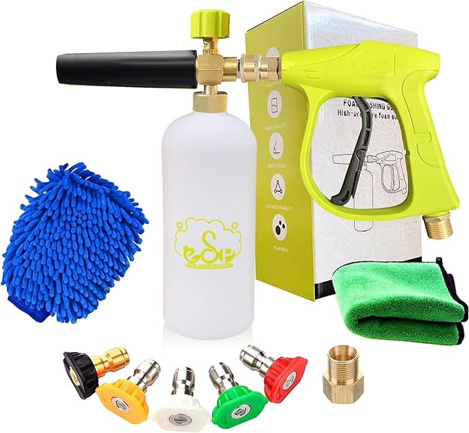 ESP Car Wash Foam Gun High Pressure Car Washer Household Water Gun Foam Generator Washing Blaster 5 Nozzle Tip M22 Adapter with 1 Liter Bottle Washing Mitts Towel