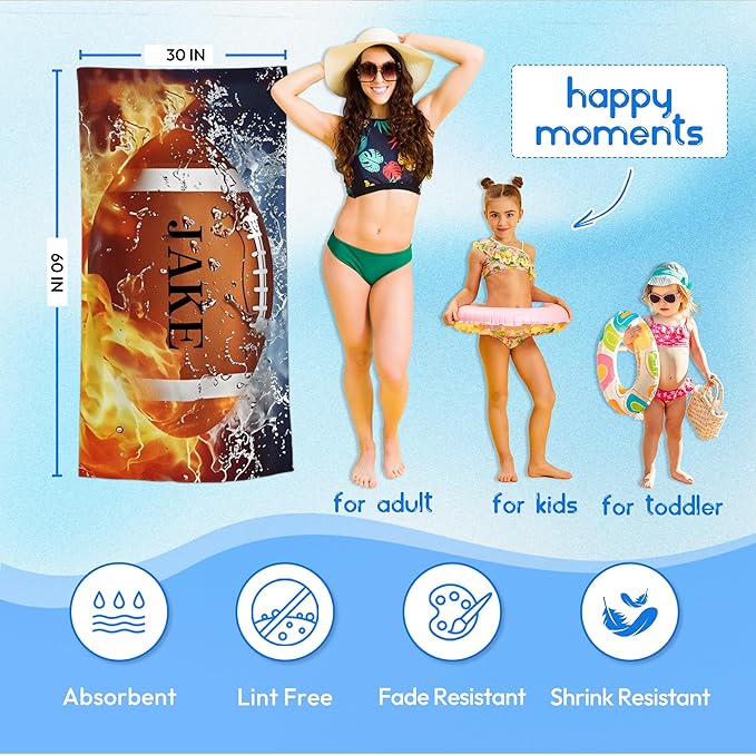 Personalized Beach Towel With Name, Custom Beach Towel with Text, Customized American Football Microfiber Pool Towel, Quick Dry & Absorbent Swim Towel for Adult,Anniversary, Birthday, Summer Holiday