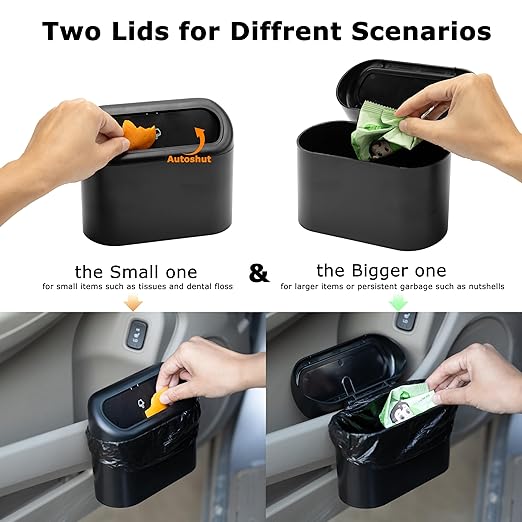 Ginsco 2 Pack Mini Car Trash Can with Lid, Small Car Garbage Can, Cute Leakproof ABS Trash Bin, Cars Accessories for Interior, Garbage Bin for Car, Home, Office with 120pcs Trash Bags Black