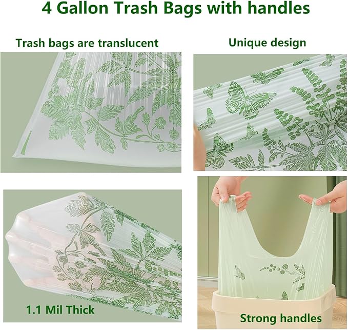 110pcs Small Trash Bags for Bathroom, Office, Kitchen,Bedroom Waste Bin 4 Gallon 1.1 Mil Thick Garbage Bags Separated Strong Rubbish Bags (Green, 110 Counts)