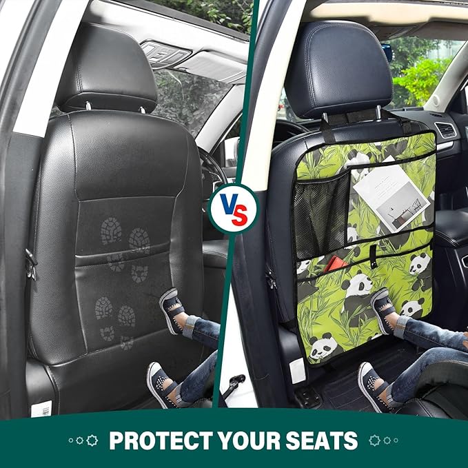 Green Panda and Bamboo 2 Pack Backseat Car Organizer with Storage Pockets Seat Back Organizers for Kids Kick Mats Backseat Protector Automotive