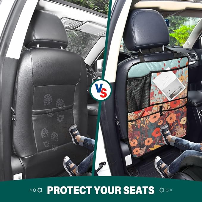 1 Pack Back Seat Car Organizer with Storage Pockets Kick Mats Back Seat Protector Hanging Car Organizer Automotive Seat Back Cover Organizers Autumn Poppy Flowers