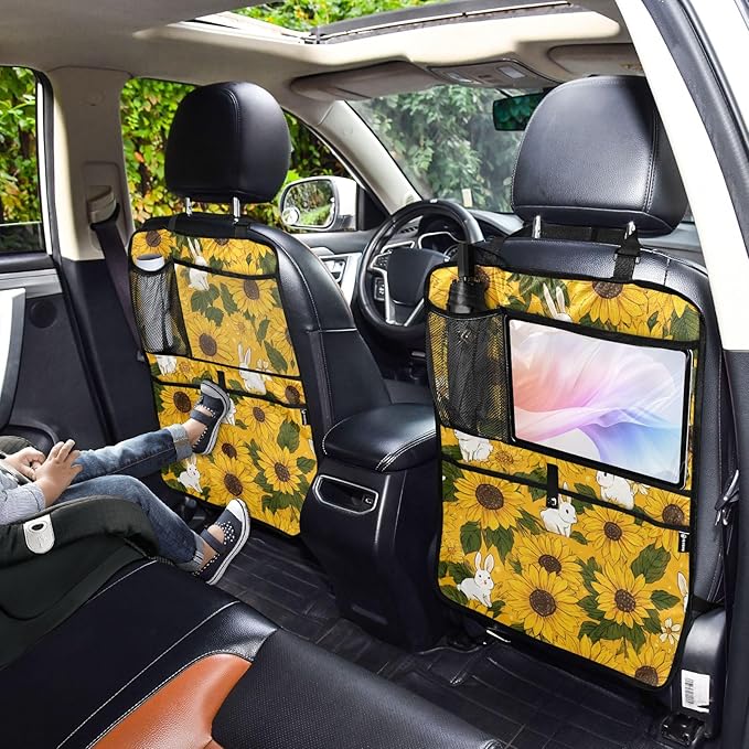 1 Pack Back Seat Car Organizer with Storage Pockets Kick Mats Back Seat Protector Hanging Car Organizer Automotive Seat Back Cover Organizers Autumn Sunflower and Cute Rabbit