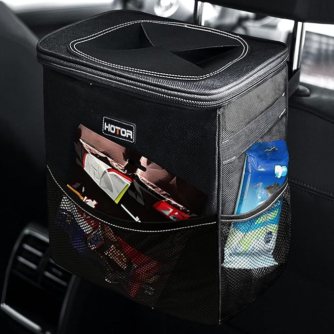 HOTOR 3 Gallons Car Trash Can, Ultra Large Capacity Organizer and Storage with Adjustable Straps & Magnetic Snaps, Waterproof Car Accessory for Interior Car Stuff Storage, Black