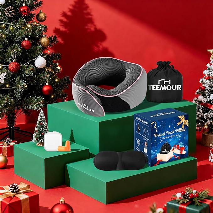 Travel Neck Pillow Airplane- Stocking Stuffers Upgraded 360° Support Travel Pillows for Airplanes, with Eye Mask & Earplugs, Portable Carry Bag for Long Flights, Business Trip|Travel Essentials