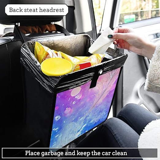 Car Trash Can Trash Bin Foldable Hanging Trash Bag Storage Pocket Organizer Cute Car Gadgets Garbage Adjustable Shoulder Elastic Strap Blue Purple Feather