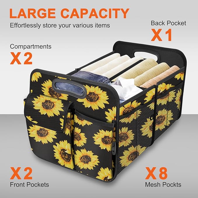 Trunk Organizer, Collapsible Trunk Organizers and Storage, Car Accessories for Women and Men, Multi-Compartment Trunk Storage Organizer for SUV, Car, Mini-Van - Sunflower