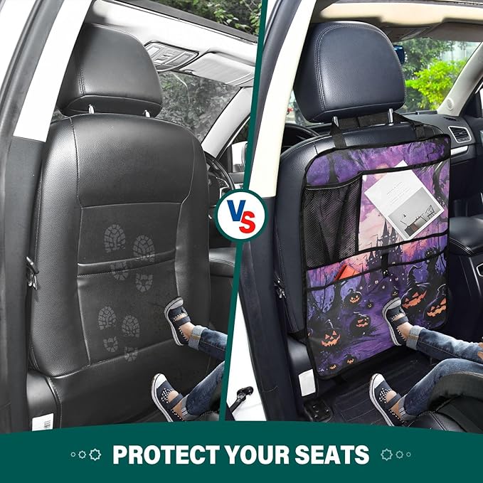 Purple Halloween Bat Pumpkin 2 Pack Backseat Car Organizer with Storage Pockets Seat Back Organizers for Kids Kick Mats Backseat Protector Automotive