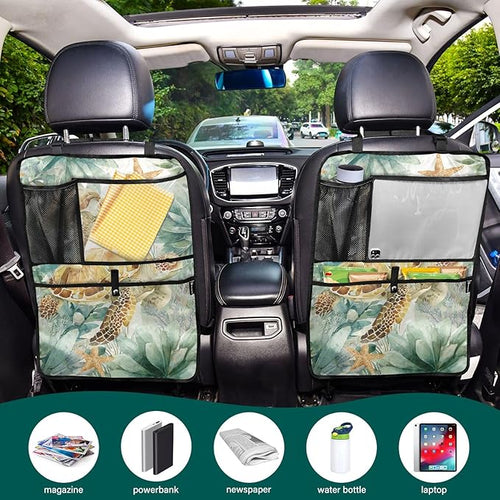 1 Pack Back Seat Car Organizer with Storage Pockets Kick Mats Back Seat Protector Hanging Car Organizer Automotive Seat Back Cover Organizers Sea Turtle Starfish Plants