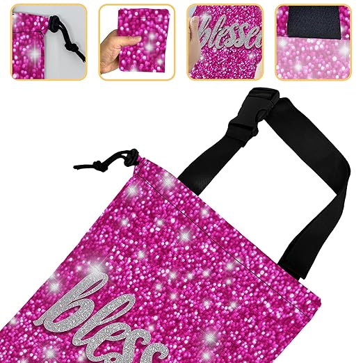 Blessed Car Garbage Bag,Pink Glitter Small Car Trash Bag Hanging Back of Seat,Drawstring Car Trash Bag with Adjustable Buckle,Car Accessories for Camping Travelling