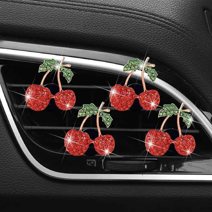 4 Pcs Cherry Decor Air Vent Clips Car Accessories,Stylish Fresheners Automotive Accessories for Women Interior Upgrade,Cherry Rhinestone Clip Bling Cute Car Interior Decoration for Women Decor