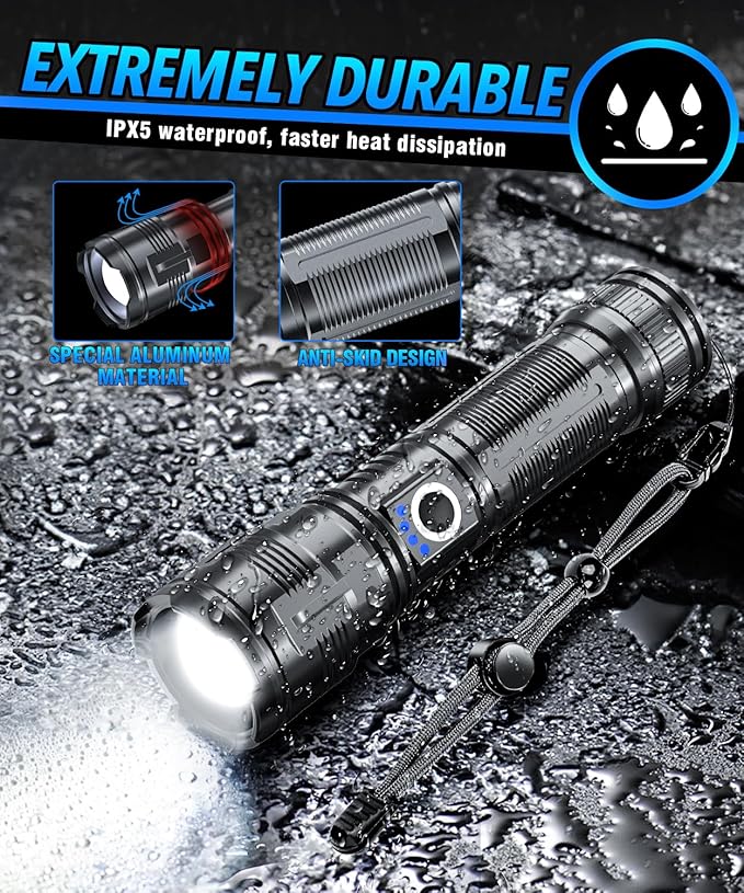 Flashlights High Lumens Rechargeable USB C Flash Light, Super Bright LED Flashlight with Case Box, Long Beam 3280Ft, Waterproof Tactical Flashlight Powerful for Emergency, Camping
