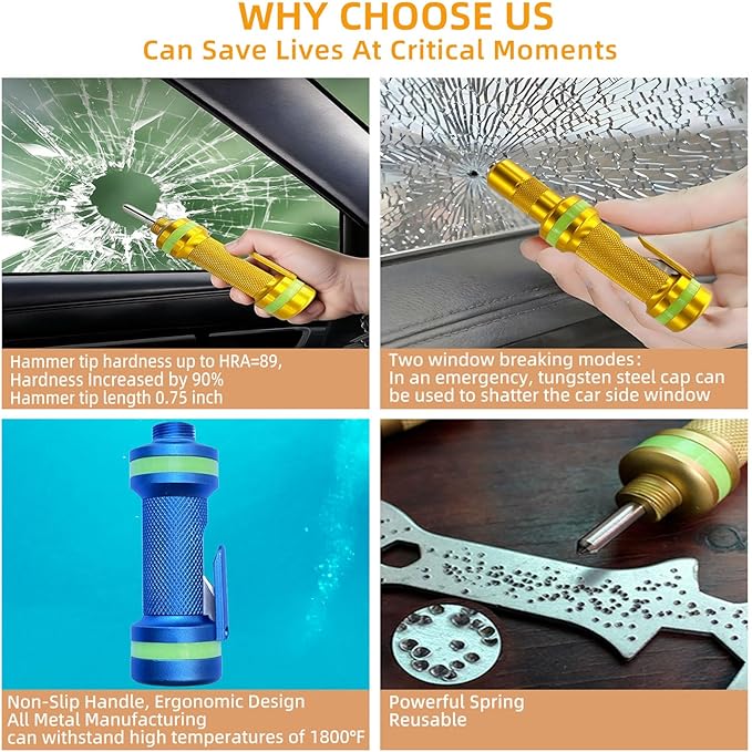 2-in-1 Window Breaker Seatbelt Cutter, Car Window Breaker Tool, Metal Glass Breaker - Extended Tungsten Steel Hammer Tip, Can Shatter Tempered & Laminated Glass (Blue, 1 PCS)