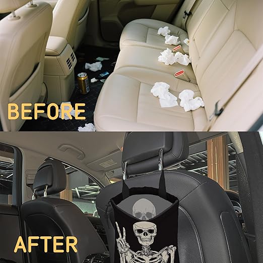 Skull Skeleton Car Garbage Bag, Small Car Trash Bag Hanging,Drawstring Car Garbage Bag with Adjustable Buckle for Car Back Seat,SUVs,Camping,Road Trips