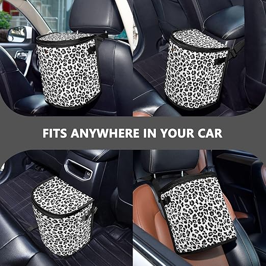 Bolaz Car Trash Can with Lid for Back Seat Car Trash Bin Hanging White Leopard Black Cheetah Leakproof Automotive Garbage Can Car Organizer
