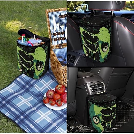 1.2 Gallons Car Trash Bag Hanging, Spider Webs Skeletons Car Garbage Bags, Adjustable Hanging for Tail of Console of Seats, Odor-Free with Zipper Leak-Proof Lid Design