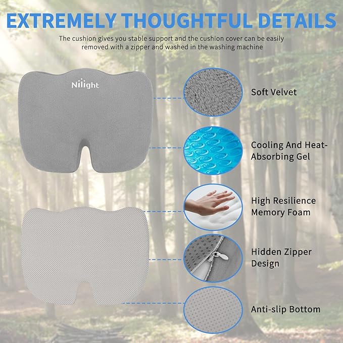 Nilight Car Seat Cushion Gray Velvet Gel Memory Foam Seats Soft and Comfortable Suitable for Daily Life and Driving Relieves Sciatica and Tailbone Pain Improves Drive Vision