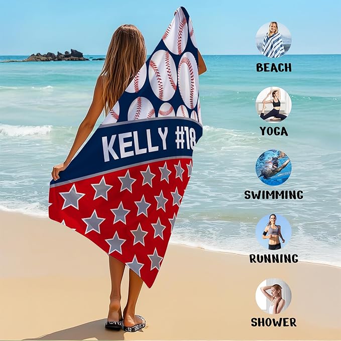 Personalized Beach Towel With Name, Custom Beach Towel with Name, Customized Baseball Microfiber Pool Towel, Quick Dry & Absorbent Swim Towel for Adult,Anniversary, Birthday, Summer Holiday,vacation