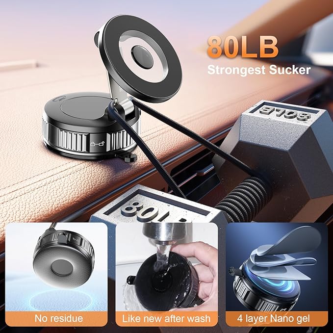 Magnetic Phone Holder for Car, 360° Adjustable Vacuum Car Phone Holder for Magsafe, 80+LBS Suction Phone Mount for Car Dash/Windshield/Screen, Phone Holders for Your Car for iPhone 17 16 15 14 13 12
