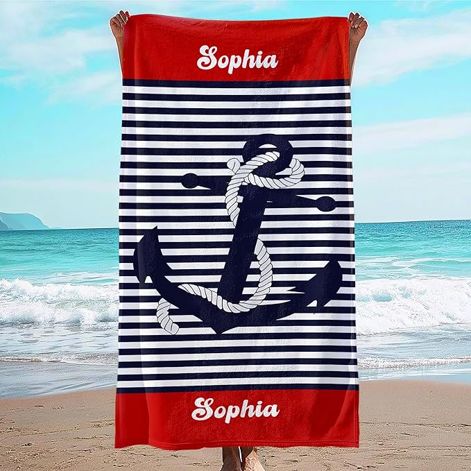 JML Personalized Beach Towel with Name, Custom Anchor Beach Towel, Customized Microfiber Pool Towel, Quick Dry & Absorbent Swim Towel for Adult,Anniversary, Birthday, Summer Holiday,Vacation