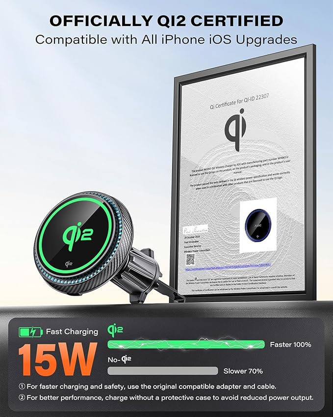 APPS2Car for Qi2 15W MagSafe Car Mount Charger, Qi2-Certified MagSafe Car Charger, Air Vent/Dashboard Magnetic Phone Holder Car for iPhone 16 Pro Max Plus 15 14 13, Black