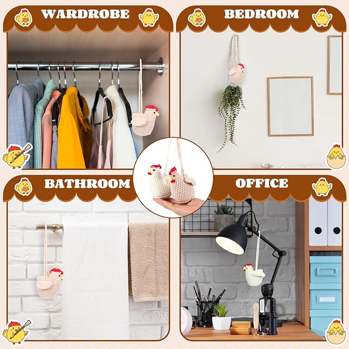 Soulchen 2 Pcs Handmade Crochet Car Air Freshener Cute Chicken Air Freshener Crochet Chicken Car Accessories Rearview Mirror Hanging Accessories for Automotive Interior Home Office Decor, Brown White