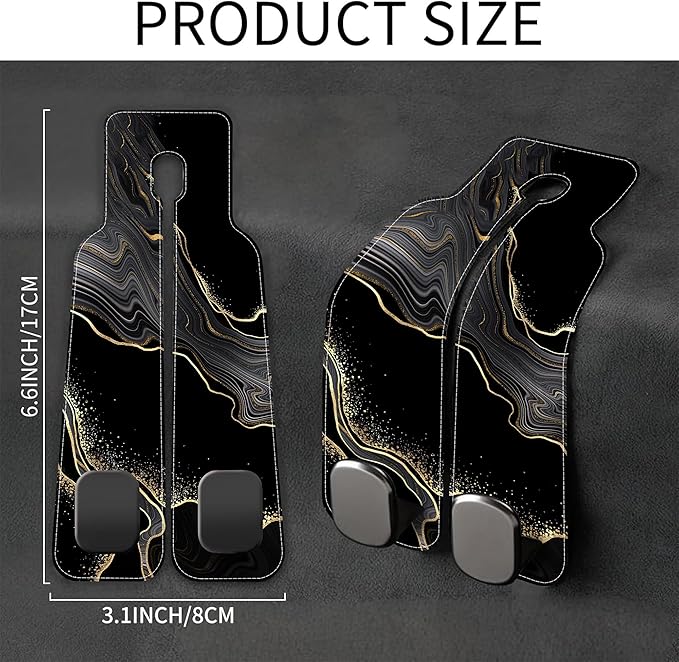 1 Pack Car Seat Headrest Hooks for Purses Abstract Black Golden Marble Bag Purse Holder for Car with Double Metal Hooks Car Purse Hanger Hanging Accessories
