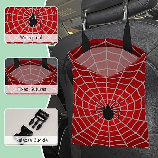 Spider Web Car Trash Bag,Cobweb Trap Hanging Drawstring Car Garbage Bag,Waterproof Canvas Car Back Seat Organizer with Adjustable Buckle,for Vehicles,SUVs,Camping,Road Trips