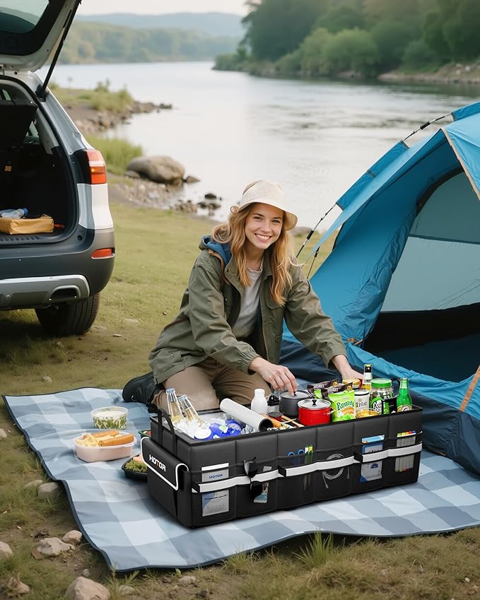 HOTOR Trunk Organizer - Car Organizer with Built-In Leakproof Car Cooler, Collapsible Trunk Organizer with Cooler for SUV, Sedan, with Base Panel (3 Compartments, Black), 35.4"×14.2"×10.6"