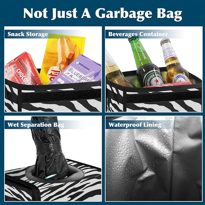 Femuar Car Trash Can with Lid - Leak Proof, Waterproof, Zebra Stripe, SUV Multipurpose Car Hanging for Headrest, Collapsible, Portable with Storage Mesh Pocket