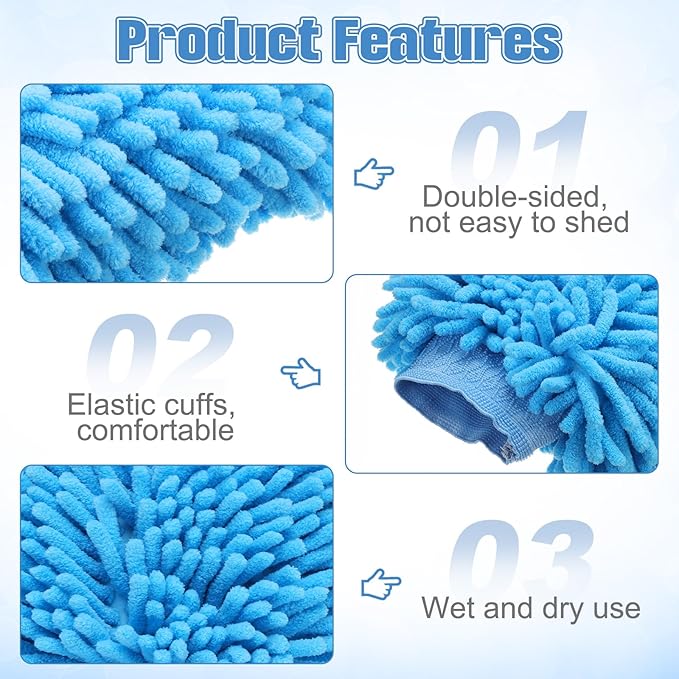 HARFINGTON Chenille Microfiber Car Wash Mitts 9" x 5.5" Scratch Free Wash Gloves Absorbent Double Sided Plush Cleaning Drying Mitts for Car Washing Home Clean Blue