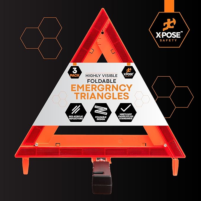 Xpose Safety Reflective Emergency Triangles – 1 Kit (3 Triangles) – DOT Approved Roadside Car Safety Warning Reflectors – Red & Orange Automotive Vehicle Hazard Visibility Markers