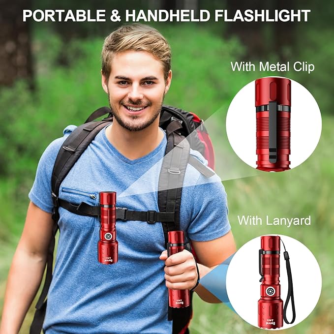 Banral Flashlights High Lumens Rechargeable, Super Bright Long Range Small Powerful Flashlight, 6 Modes LED Tactical Pocket Waterproof Flash Light for Home Emergency (2, Red)