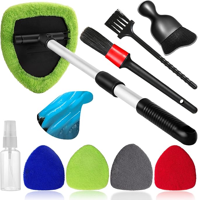 10pcs Windshield Cleaner Tool, Car Window Cleaning Wash Kit with 4 Reusable Microfiber Pads 1 Spray Bottle and Extendable Handle Auto Glass Wiper Kit, Multicolor