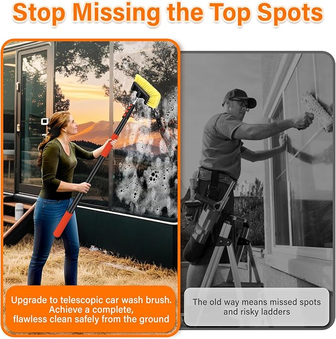 12FT Car Wash Brush with Extension Pole - Telescoping Long Handle Cleaning Tool with Non-Scratch Soft Bristles - Heavy Duty Aluminum Pole for RV, Truck, Boat, Solar Panels & High Windows