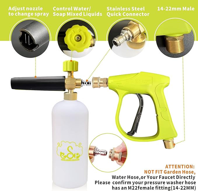 ESP Car Wash Foam Gun High Pressure Car Washer Household Water Gun Foam Generator Washing Blaster 5 Nozzle Tip M22 Adapter with 1 Liter Bottle Washing Mitts Towel