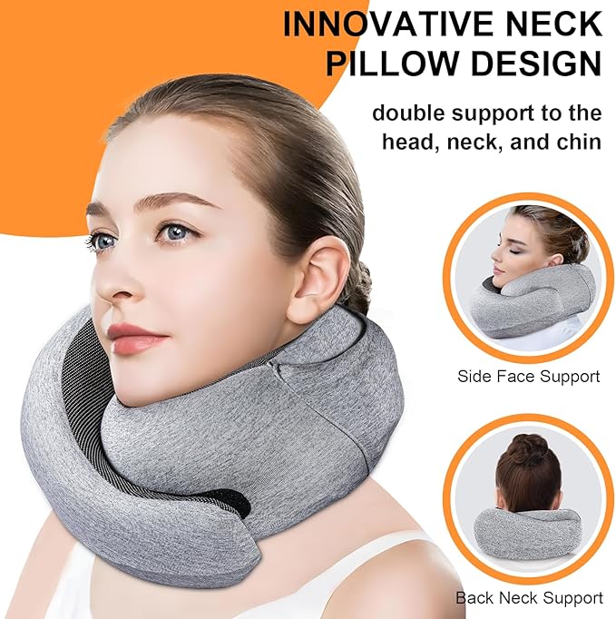 Travel Pillow - Hooded Neck Pillow Airplane Memory Foam Filling for Plane, Office, Cars Sleeping, Road Trip, Long Flights, Portable Plane Accessories, Includes Eye Mask & Earplugs (Light Gray)